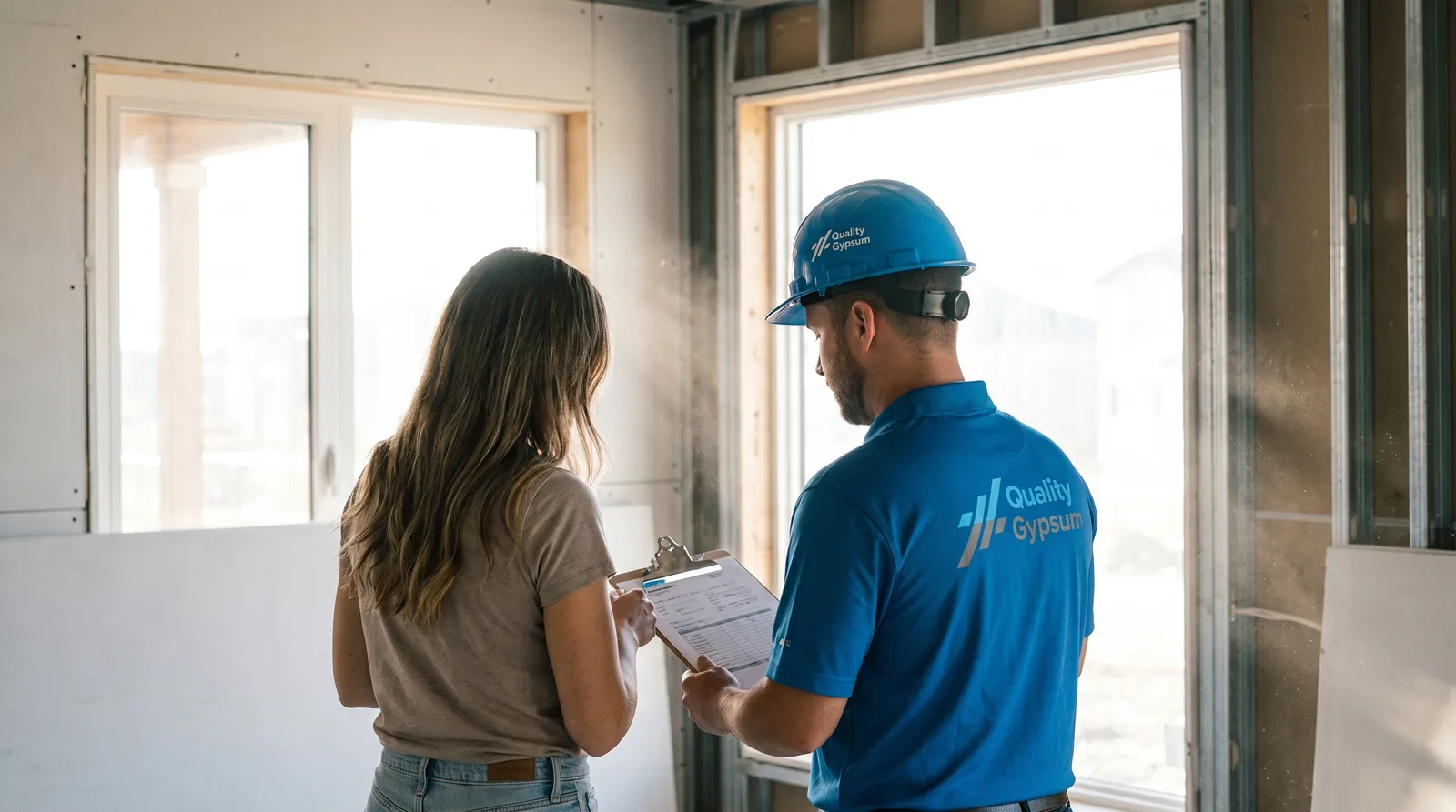 Homeowner and drywall contractor reviewing a project checklist in Calgary