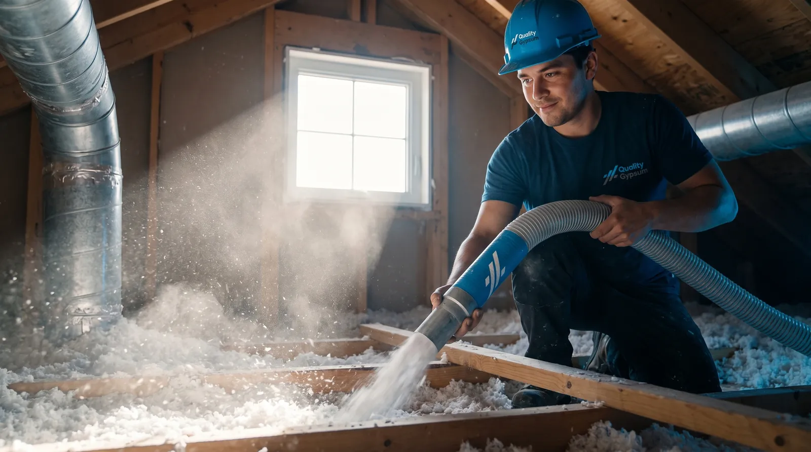 Blown loosefill insulation filling an attic between joists in a Calgary home
