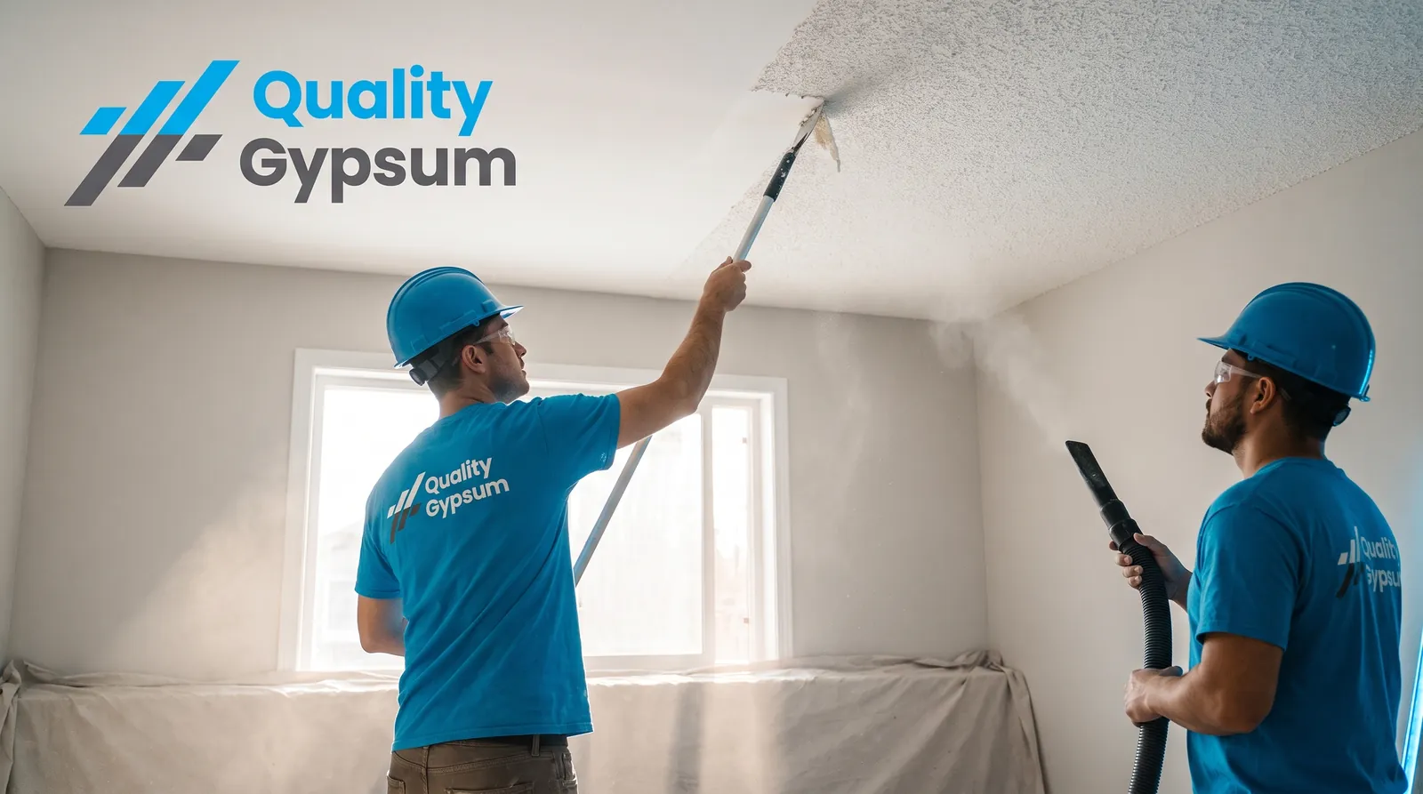 Scraping and removing a popcorn ceiling texture during a Calgary ceiling repair