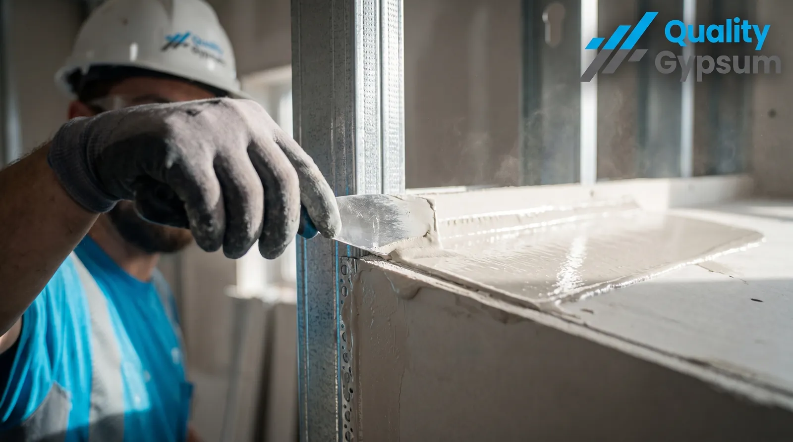 Close-up of taping and mudding a drywall corner bead to a smooth finish