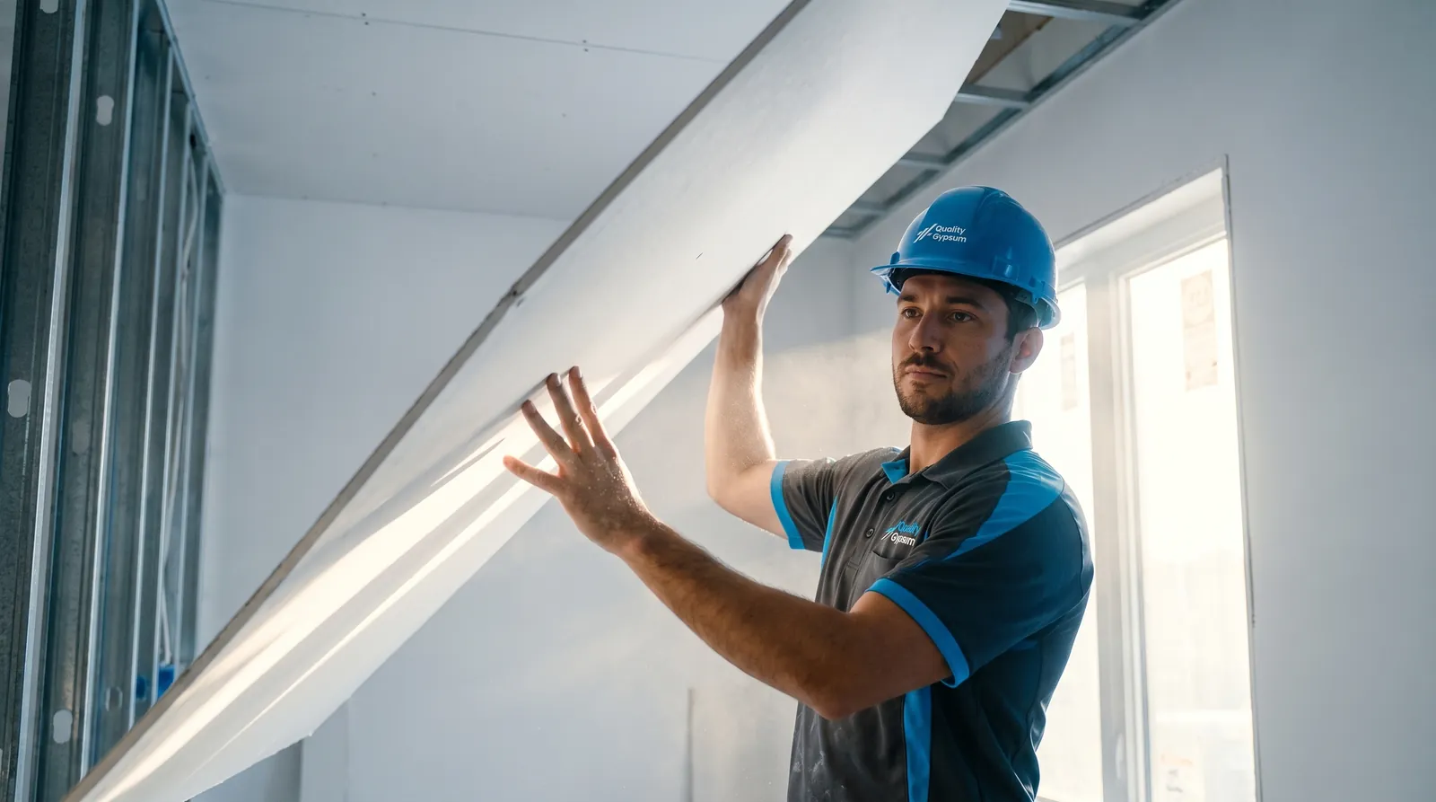 Residential drywall contractor hanging a gypsum board in a bright modern Calgary home