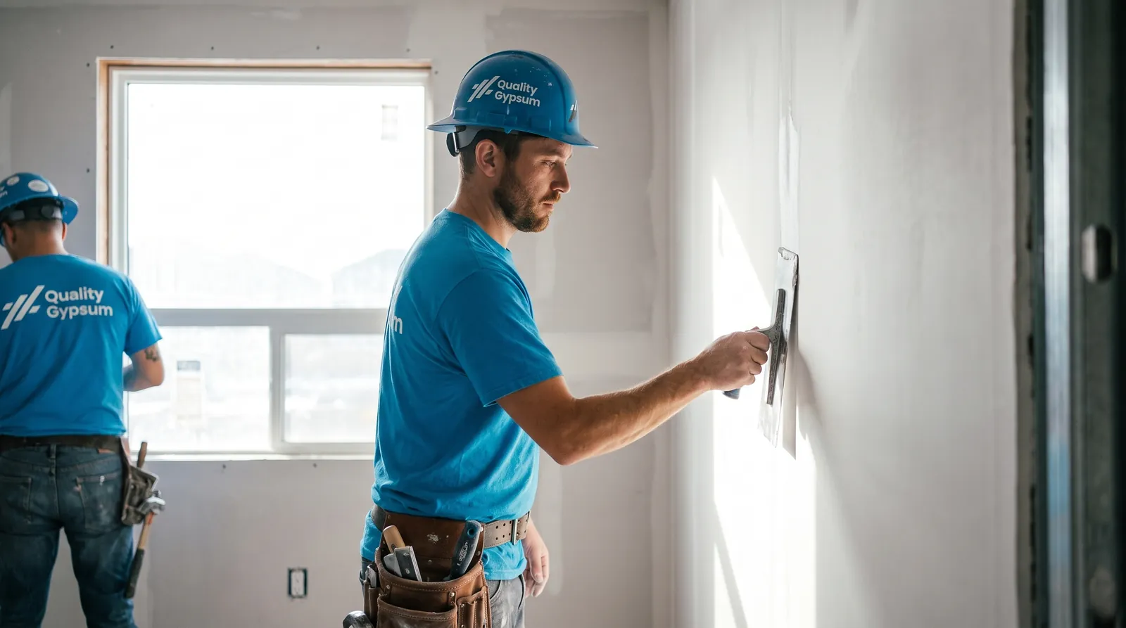 Professional drywall taper finishing a smooth Level 5 wall in Calgary