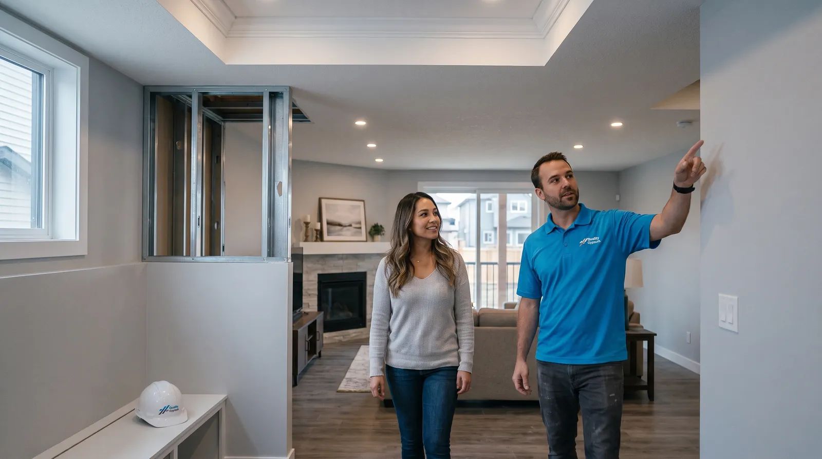 Homeowner and contractor touring a finished basement development in Calgary