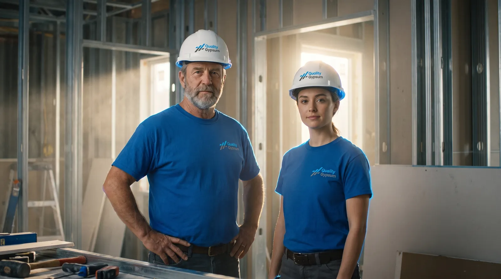 Quality Gypsum Services crew on a Calgary jobsite at golden hour
