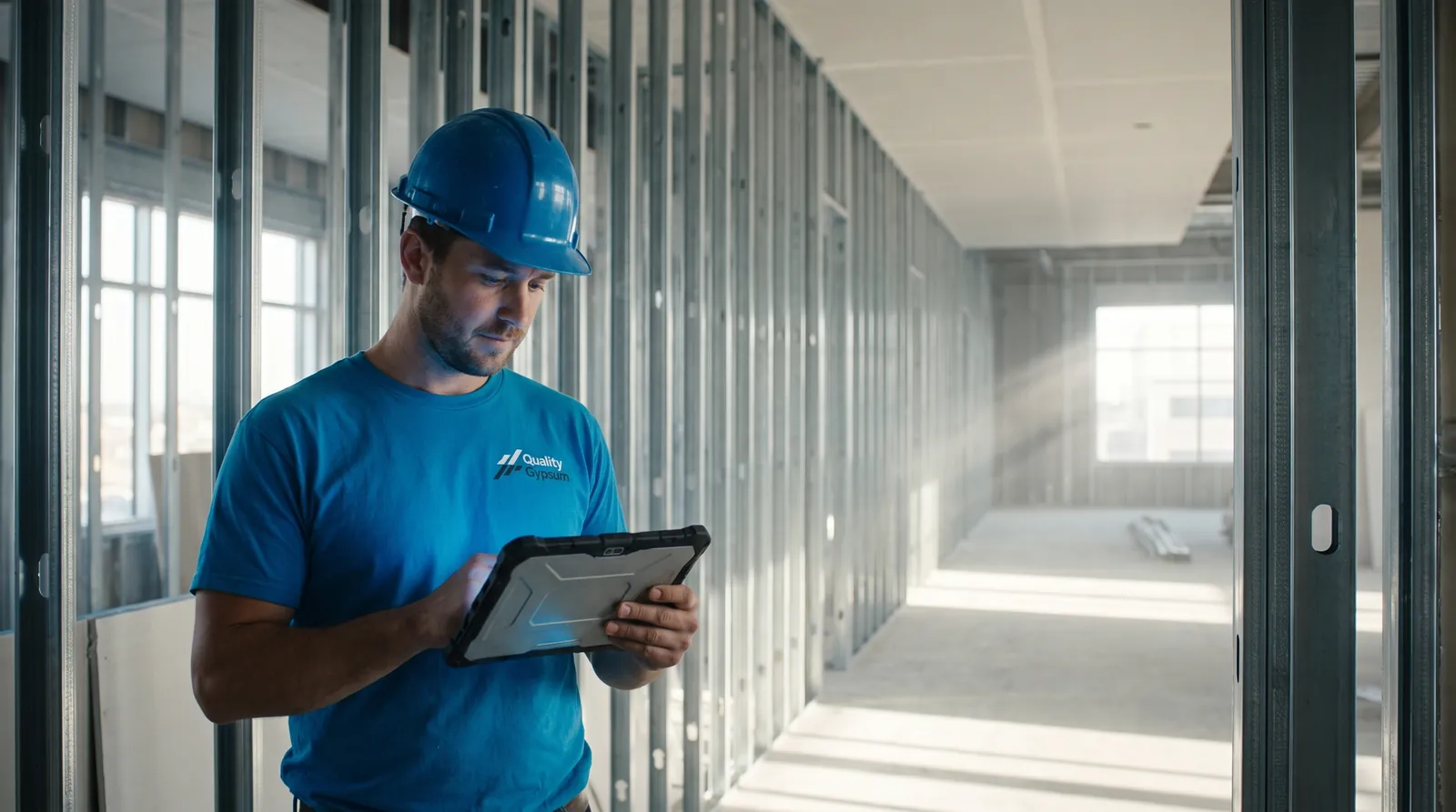 Quality Gypsum foreman reviewing project software on a tablet at a Calgary commercial framing site