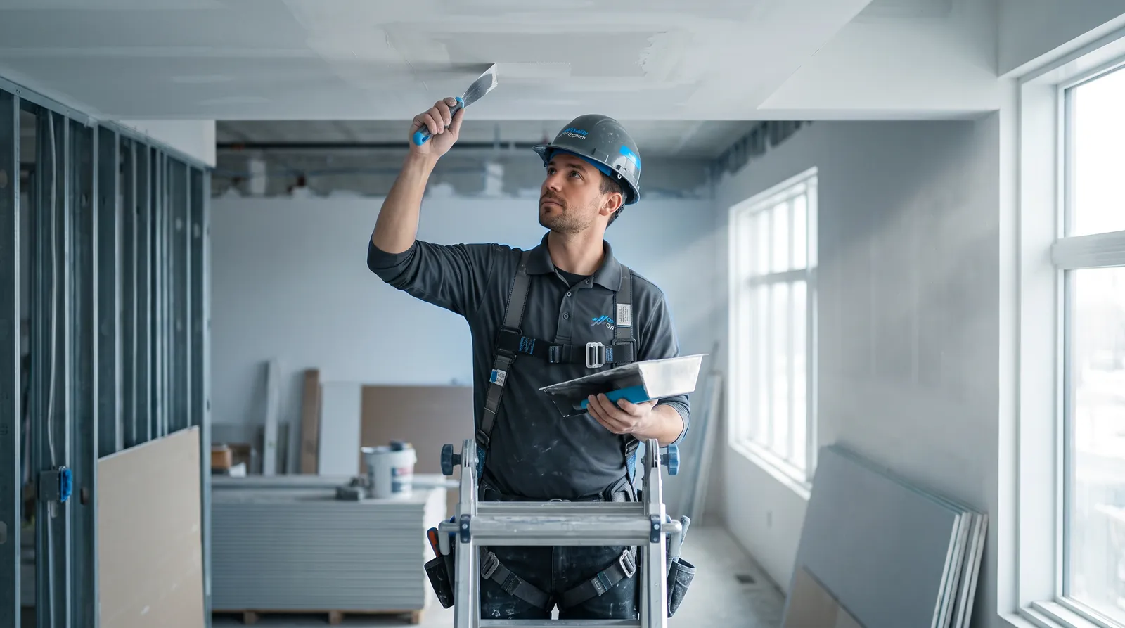 Contractor patching and finishing a ceiling repair in a Calgary home
