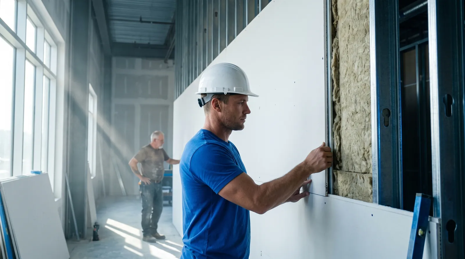 Commercial demising wall with fire-rated drywall separating two tenant spaces in Calgary