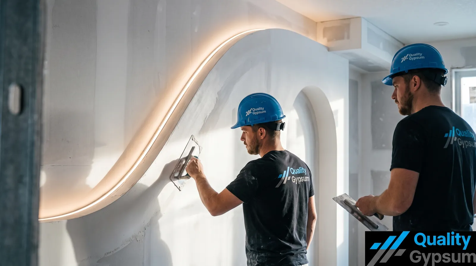 Sculptural curved drywall feature wall with cove lighting in a modern Calgary home