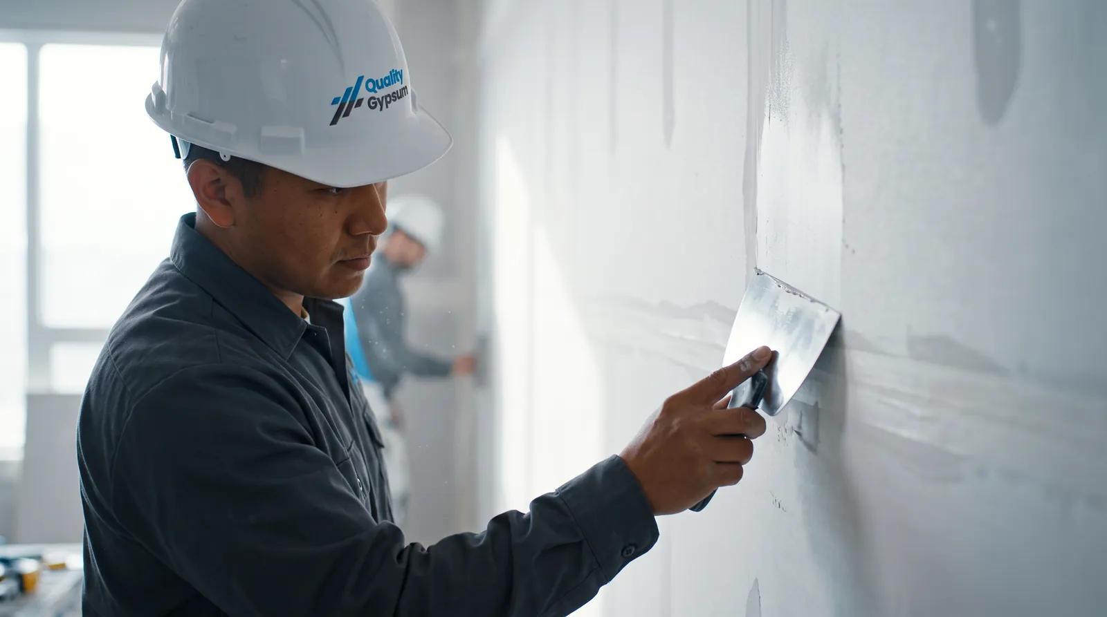 Close-up of a taping knife finishing a drywall seam, illustrating the levels of drywall finish