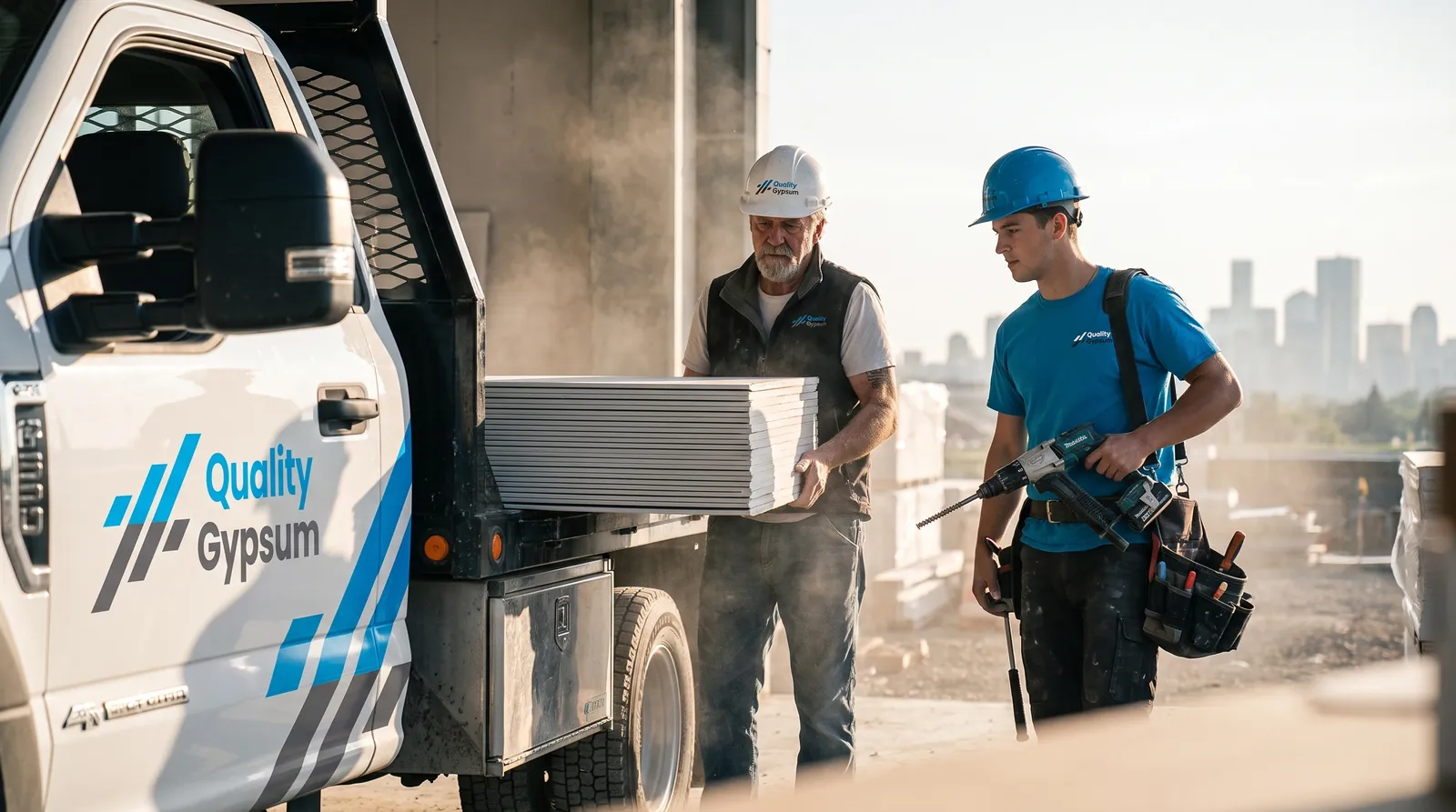 Quality Gypsum crew unloading drywall from a branded truck at a Calgary site
