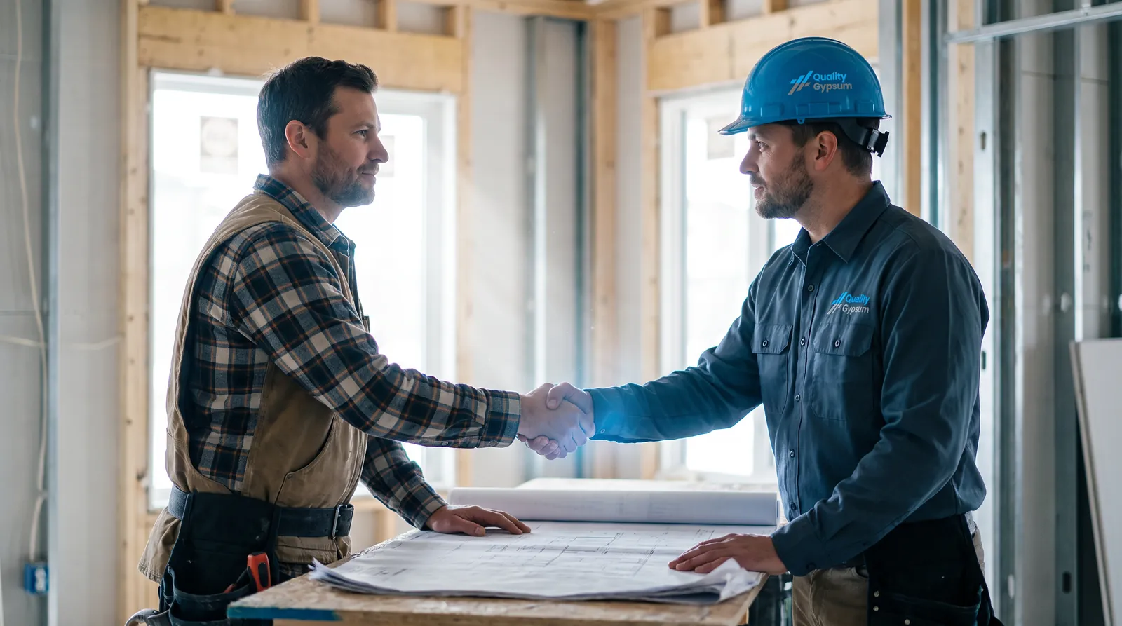 Builder and drywall contractor shaking hands over plans on a Calgary jobsite