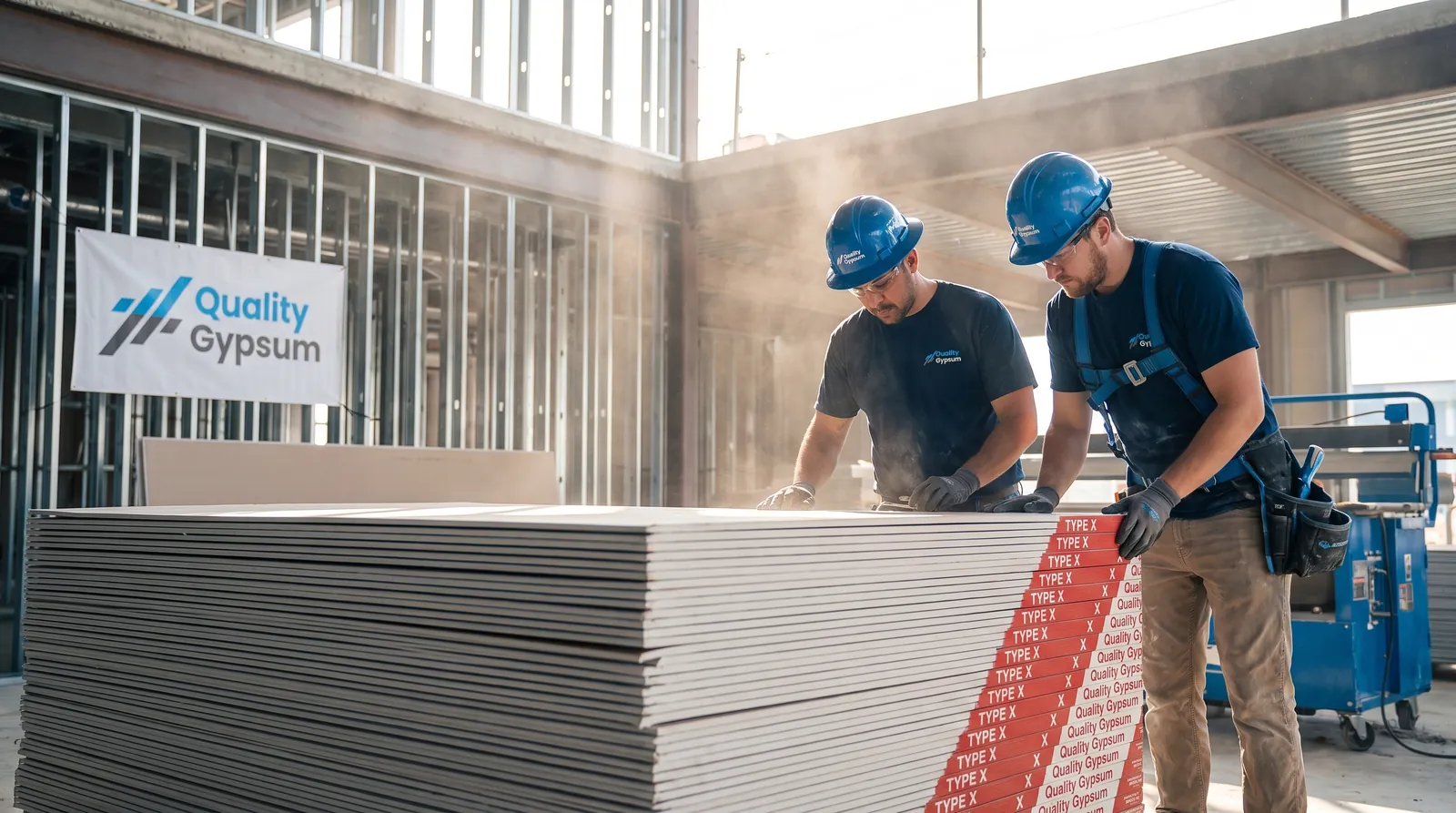 Type X fire-rated drywall board stacked on a commercial construction site in Calgary