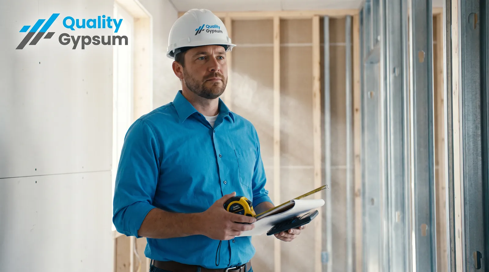 Estimator measuring a framed room to price a drywall installation in Calgary