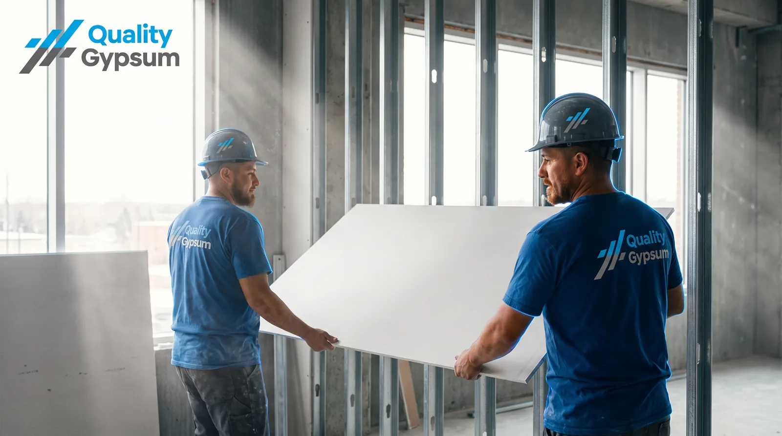 Two drywallers installing a gypsum board on a wall in a Calgary home