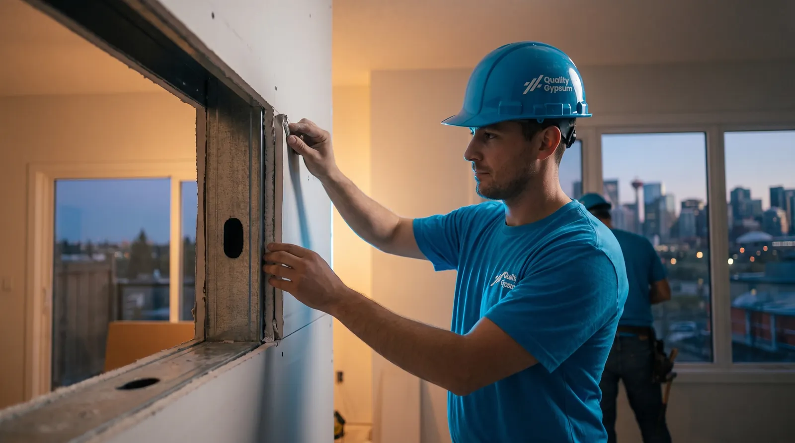 Fire-resistant drywall protecting a warm Calgary family home at dusk