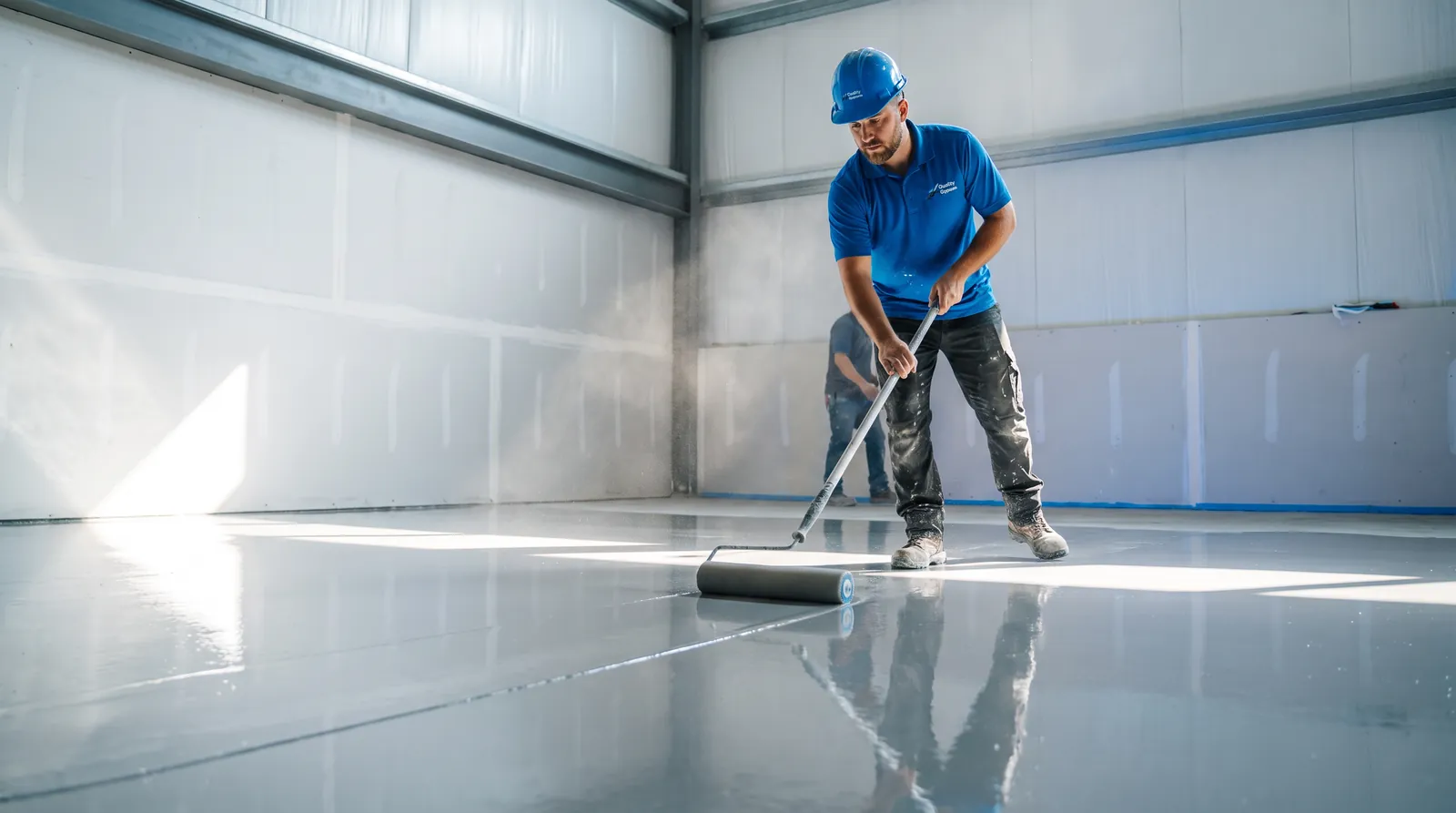 Applying a glossy epoxy coating during a garage floor repair in Calgary
