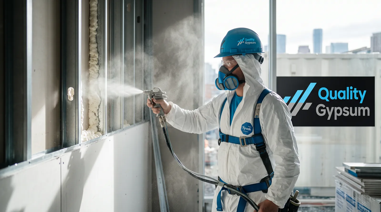 Technician spraying expanding spray foam insulation into a wall cavity in Calgary