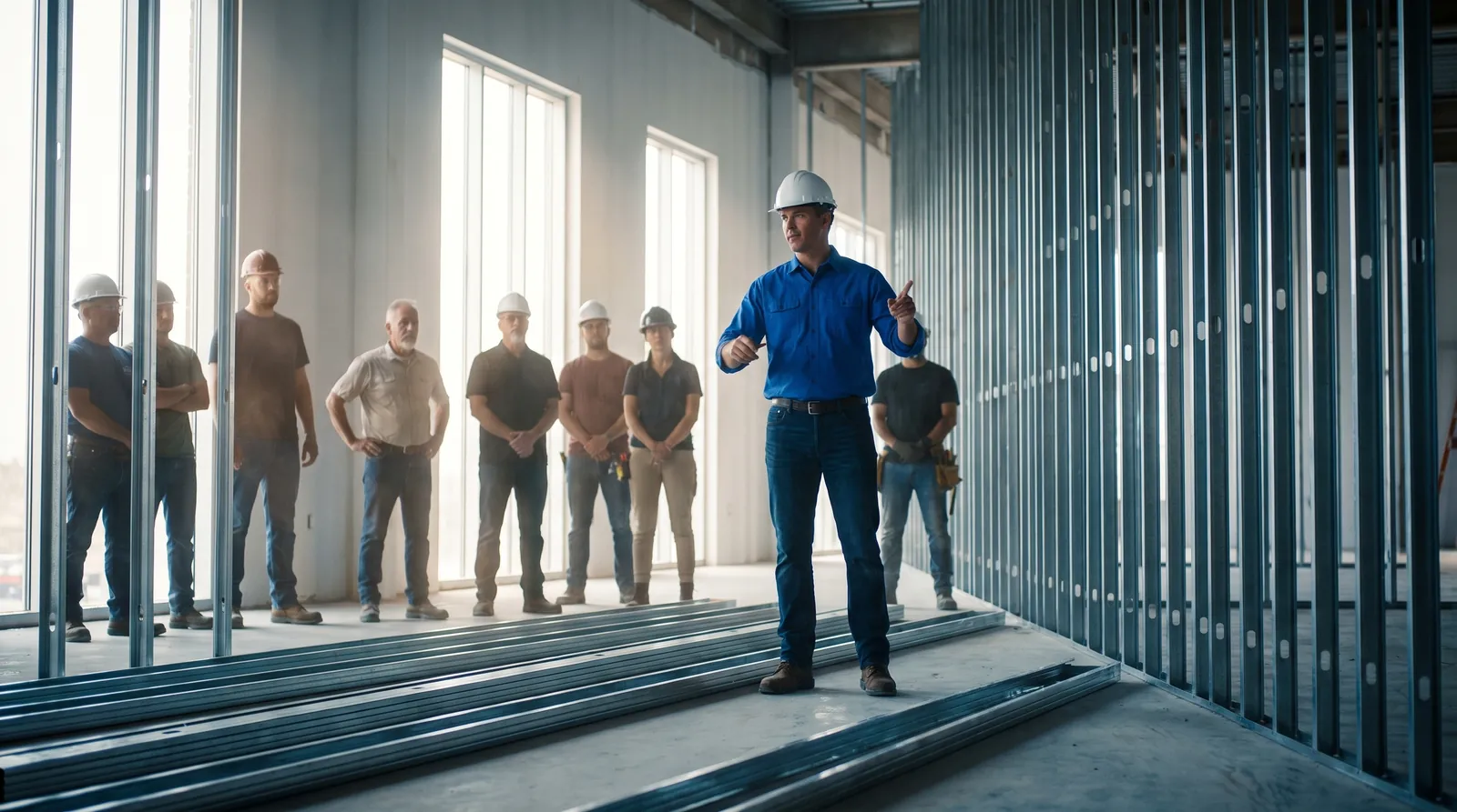 Rows of galvanized steel stud framing across a commercial building floor in Calgary