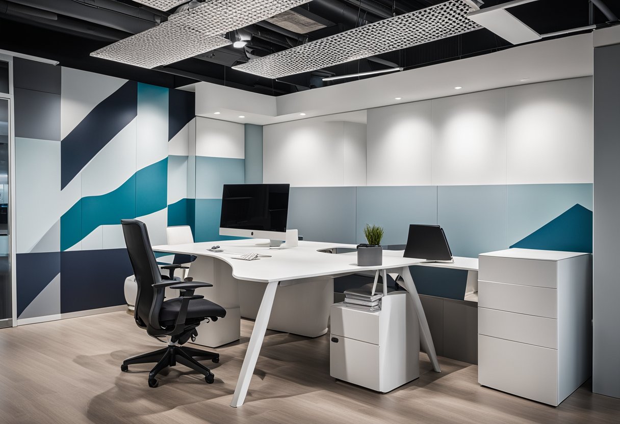 A modern office space with strategically placed drywall panels for improved acoustics. Unique designs incorporate drywall features, creating a sleek and functional environment in Calgary