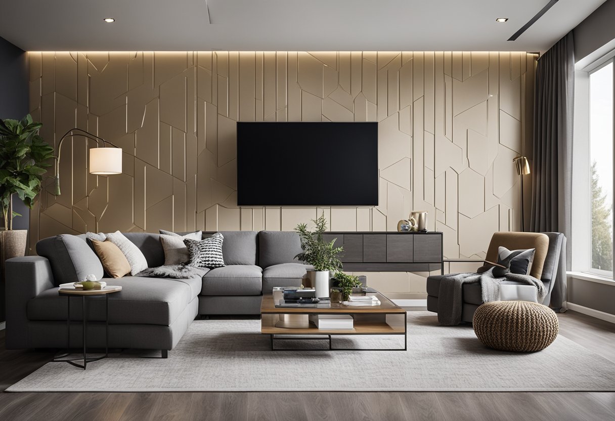 A modern living room with textured drywall feature walls, showcasing innovative designs and finishes in Calgary