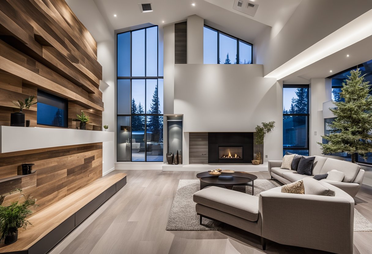 A modern, eco-conscious home in Calgary features innovative drywall designs, incorporating sustainable practices. Examples include built-in shelving, decorative paneling, and integrated lighting