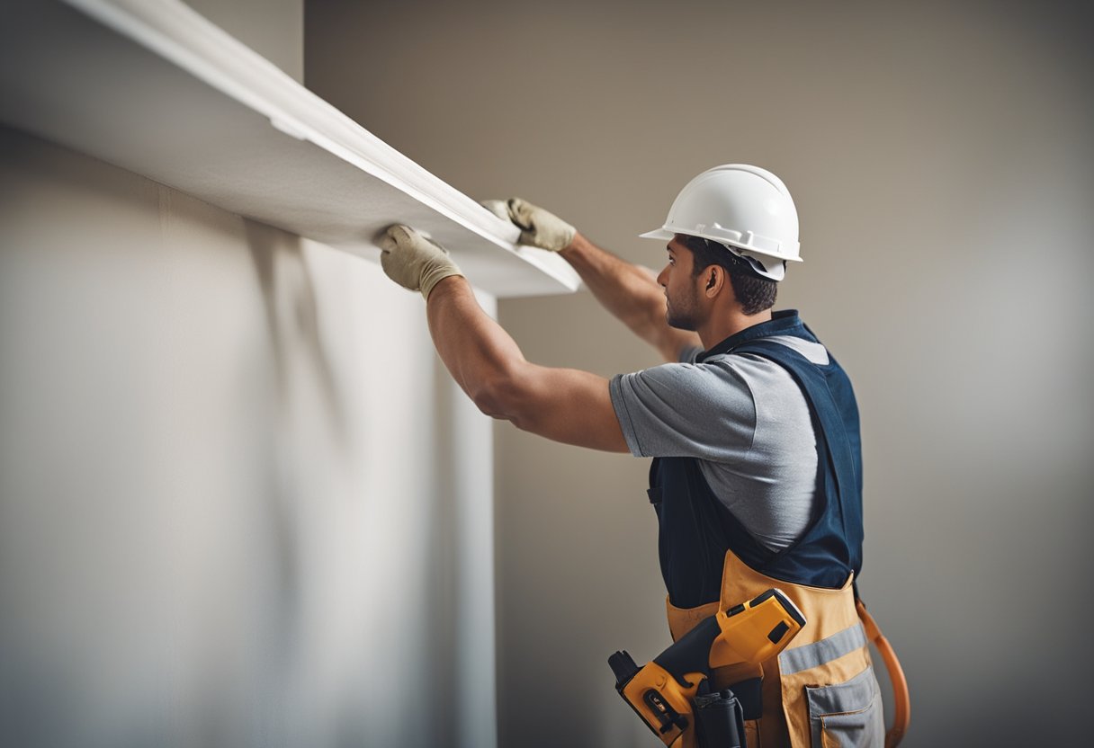 A worker applies drywall mud to a smooth, clean wall surface in a well-lit room. Tools and materials are neatly organized nearby