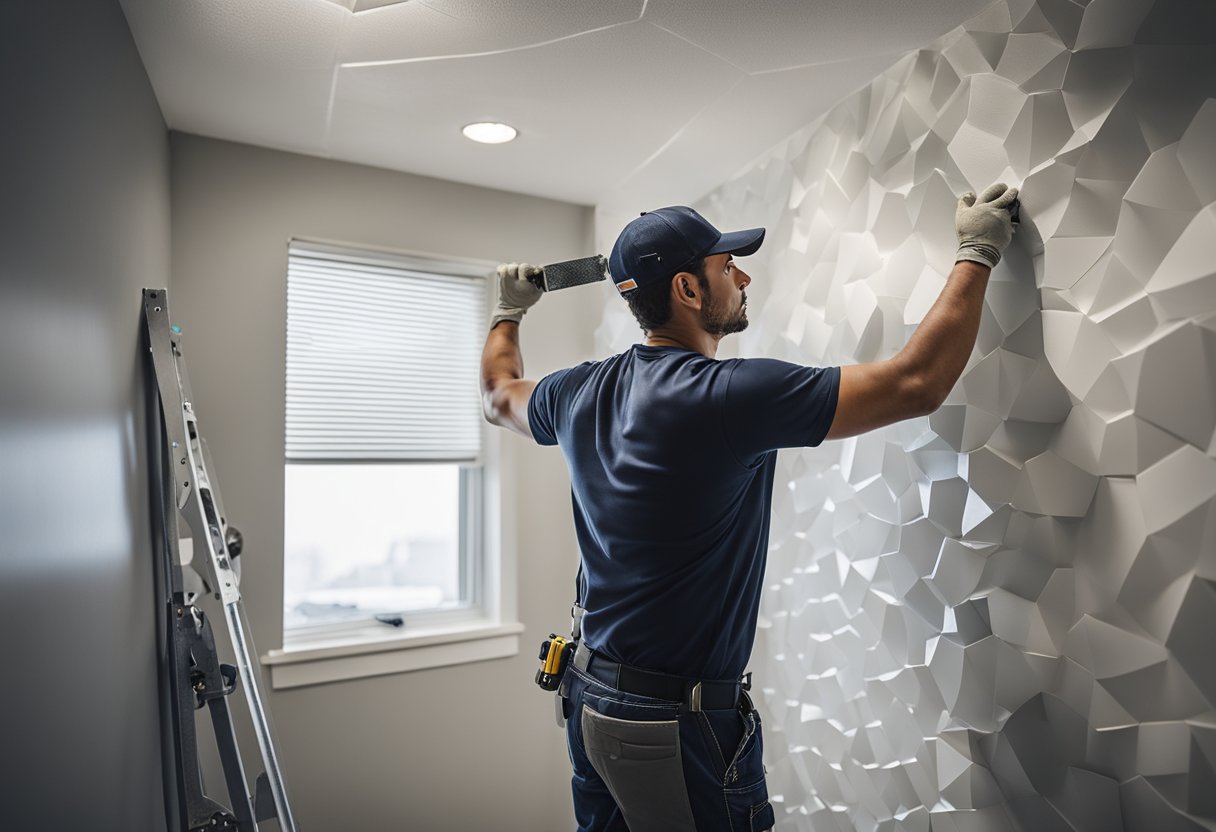 A worker applies textured compound to a smooth drywall surface, creating a patterned finish in Calgary