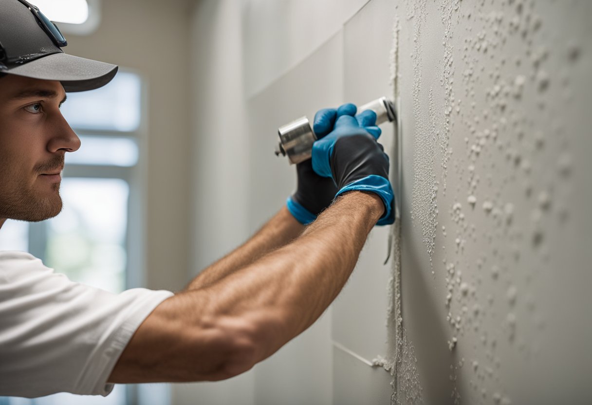 A worker applies joint compound to seams of installed drywall