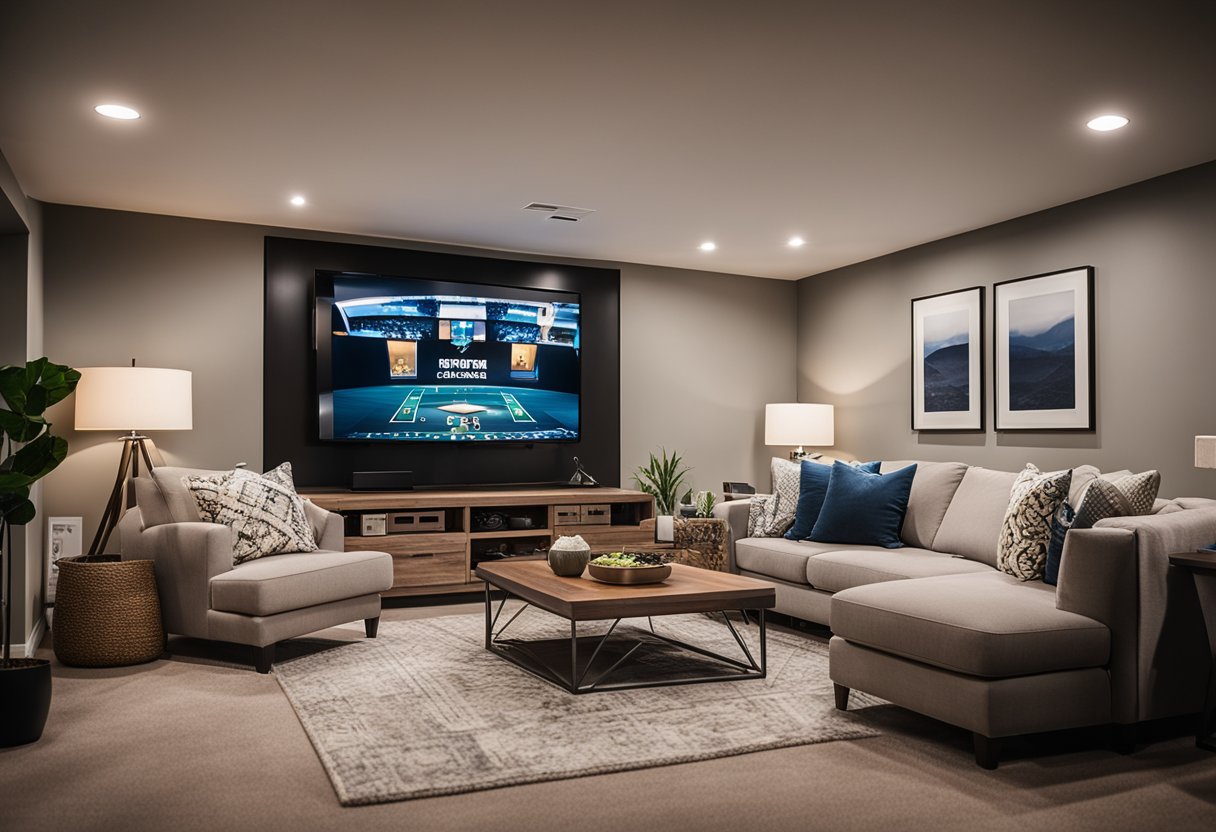 A finished basement with cozy furniture, bright lighting, and modern decor, showcasing its potential as a comfortable and functional living space