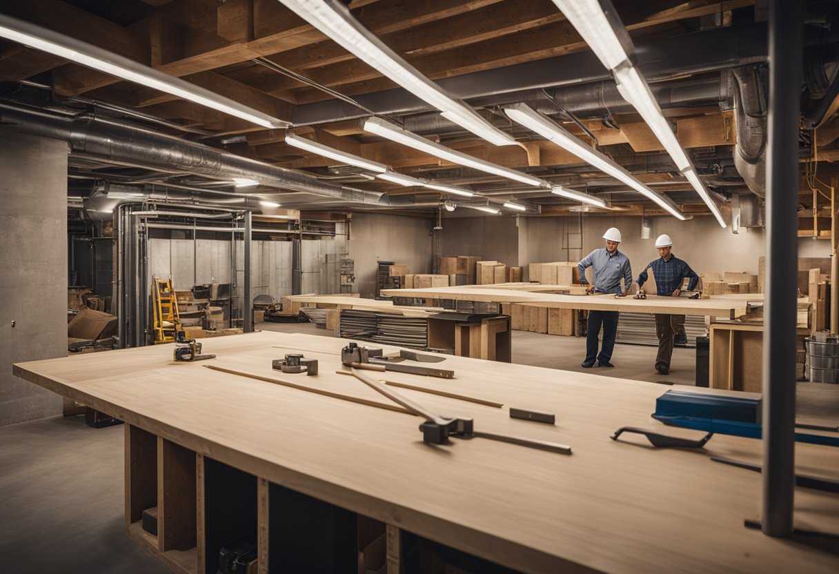 A bustling basement development scene in Calgary, with contractors, tools, and blueprints, showcasing the economic value and importance of this type of construction