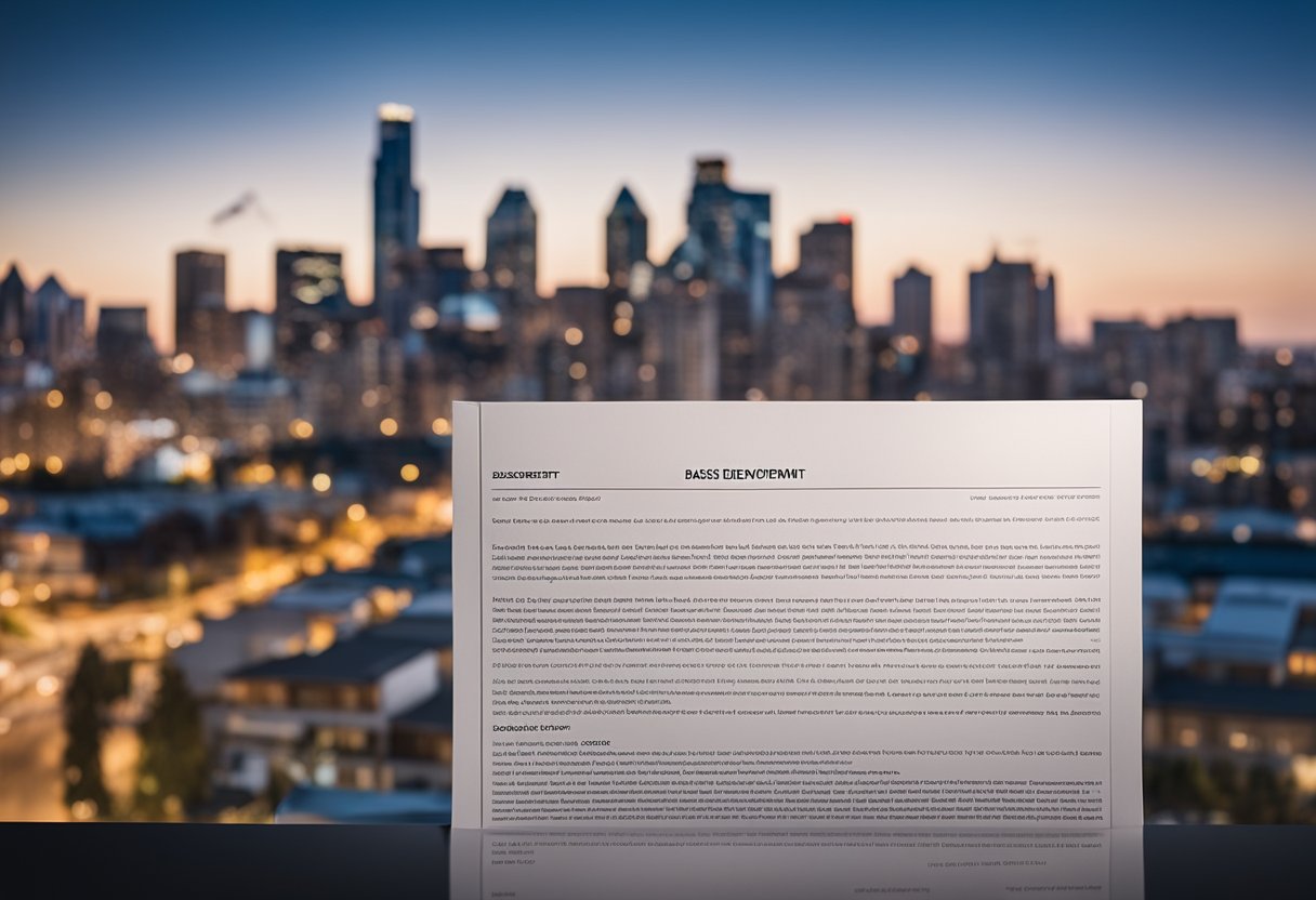 A legal document with a city skyline in the background, highlighting the importance of basement development in Calgary
