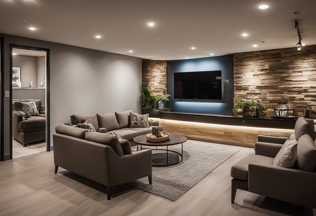 A well-lit basement with modern furnishings and a cozy atmosphere. A sign reading "Frequently Asked Questions: Importance of Basement Development in Calgary" prominently displayed on the wall