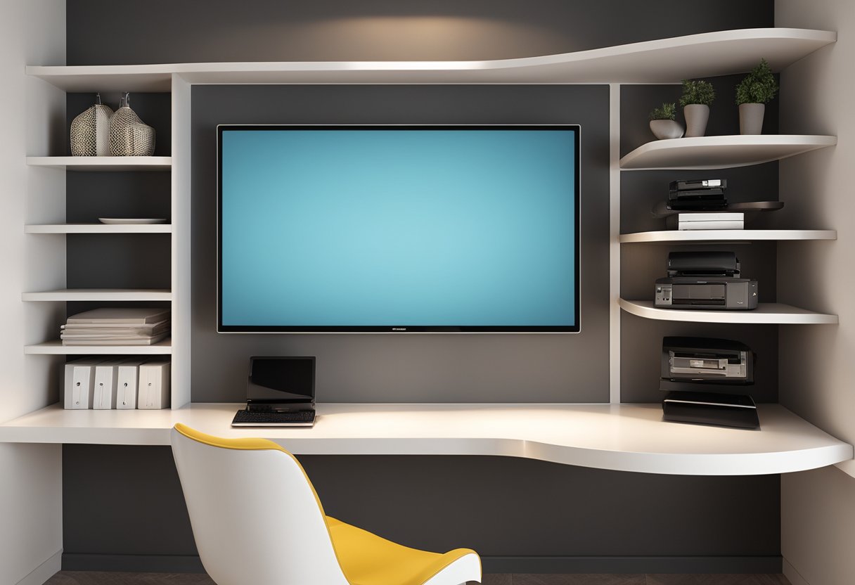 A small room with built-in drywall shelving and hidden storage compartments. A fold-down desk and wall-mounted TV maximize space. Unique textured and curved drywall features add visual interest
