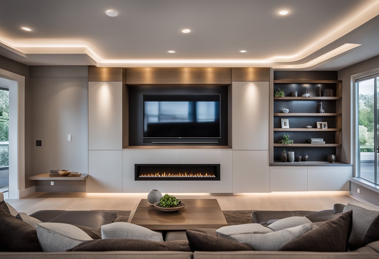 A modern living room with recessed drywall lighting, creating a soft glow around built-in shelves and a sleek fireplace. The ceiling features intricate drywall designs with integrated LED lights, adding depth and dimension to the space