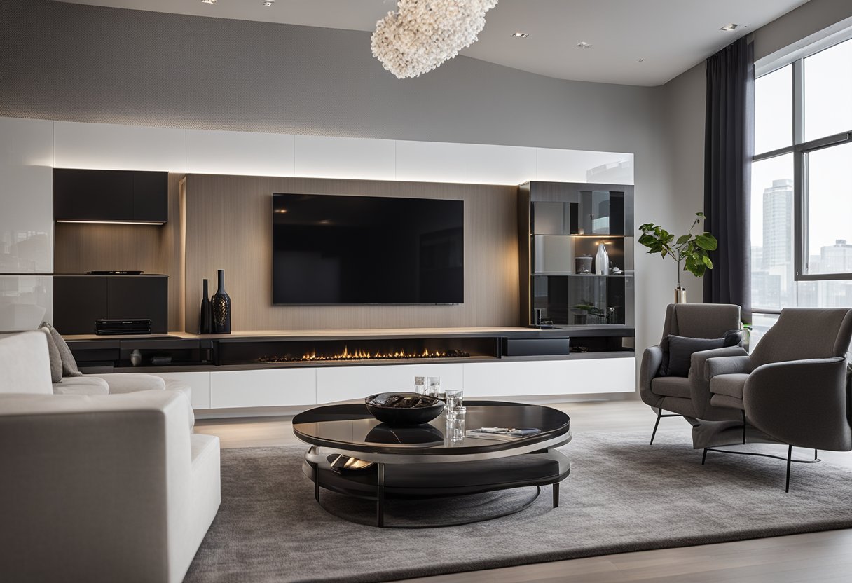 A modern living room with integrated technology and innovative drywall features in Calgary. LED lighting, built-in speakers, and textured wall panels create a sleek and functional space