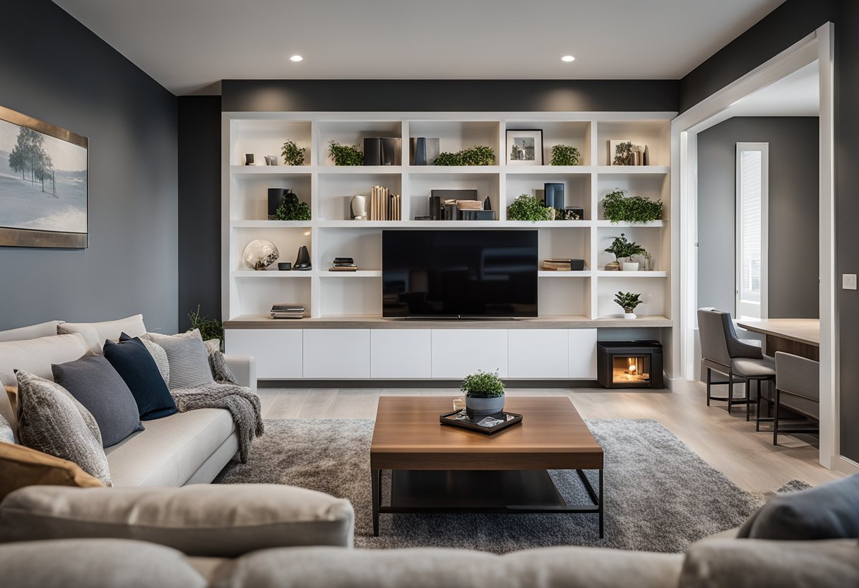 A modern living room with drywall feature walls, integrated shelving, and recessed lighting. Clean lines and minimalistic design showcase the versatility of drywall in contemporary Calgary homes