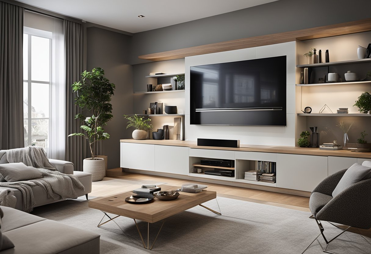 A living room with a drywall entertainment unit, shelving, and seating integrated seamlessly into the walls, creating a modern and multifunctional space