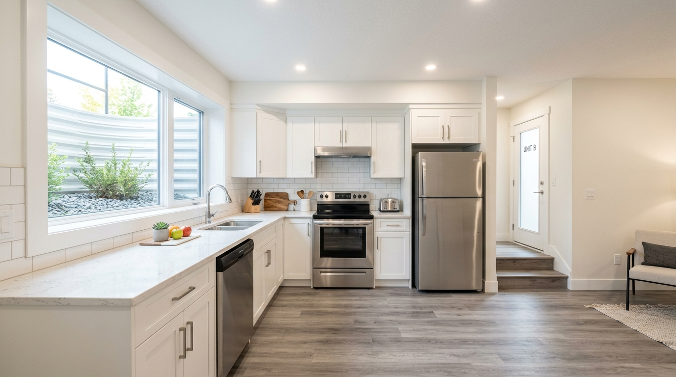 Legal basement suite in Calgary with modern kitchen, quartz countertop, egress window and separate entrance, developed by Quality Gypsum Services