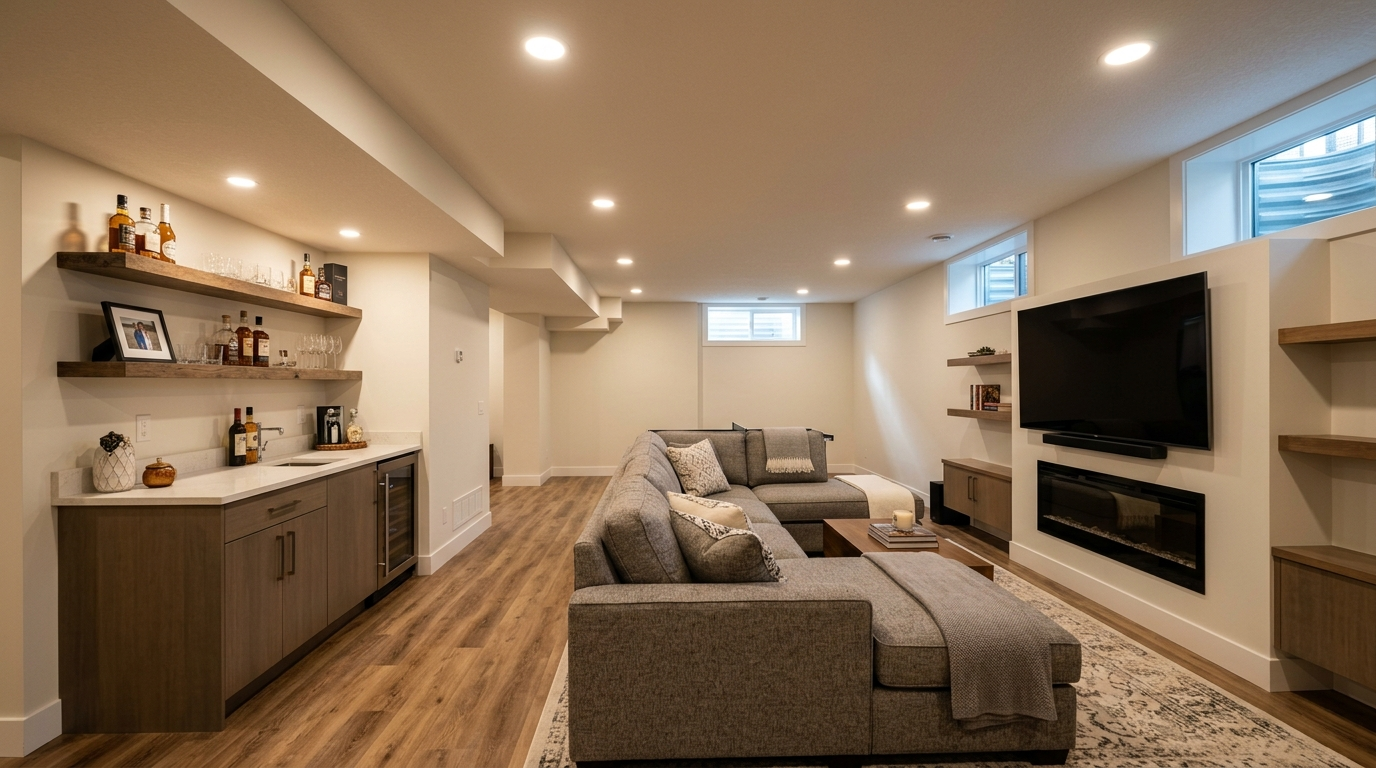 Finished basement development in Calgary with rec room, wall-mounted TV and dry bar, built by Quality Gypsum Services